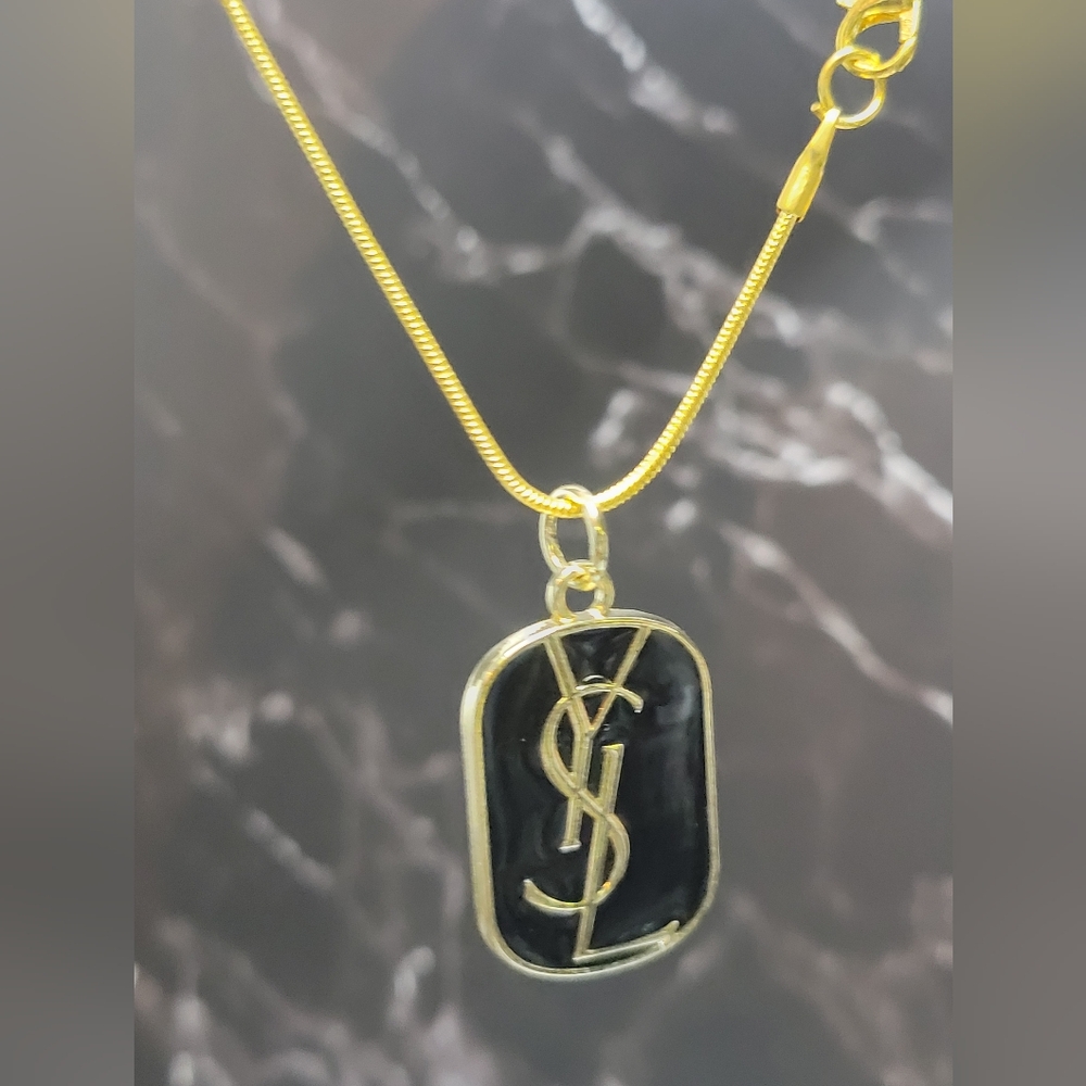 YSL Gold/Black Enamel Zip Pull/Pendant, Gold Plated 18"chain Necklace